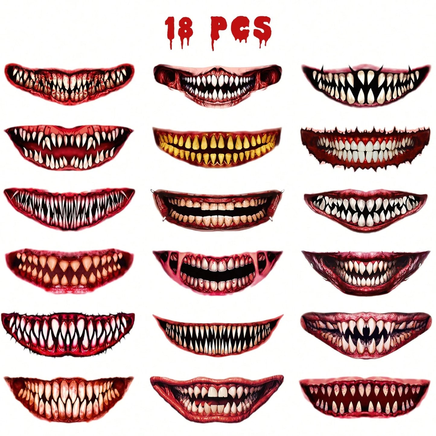 18 Halloween Prank Temporary Makeup Tattoos, Adult Clown Horror Face